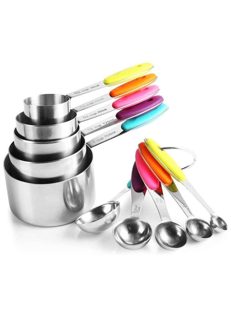10 PCS Measuring Cups and Spoons Set Stainless Steel Stackable for Dry and Liquid Ingredients with Soft Handles Kitchen Baking Cooking Solid Sturdy Metal Measuring Cup Set - Image 1