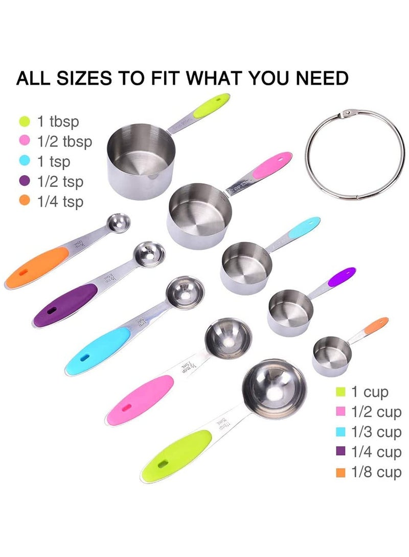 10 PCS Measuring Cups and Spoons Set Stainless Steel Stackable for Dry and Liquid Ingredients with Soft Handles Kitchen Baking Cooking Solid Sturdy Metal Measuring Cup Set - Image 2