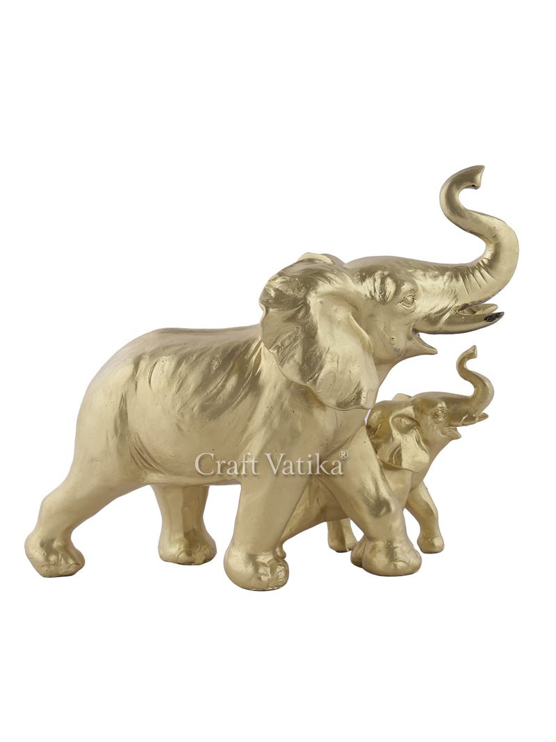 CraftVatika Resin Trunk Up Mother Elephant with Baby Showpiece, Ethiopian Elephant Figurine, Home Decor Items, Home Decoration Items for Living Room Hall Office Desk Return Gift Gold (8 Inch Height) - Image 3