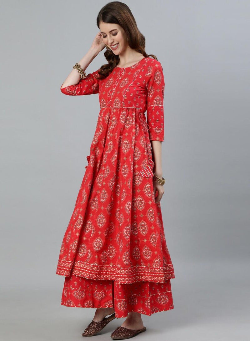 ISHIN Women's Red 100% Cotton Printed Tunic Full Length Palazzo Straight Fit Kurta Set  - Image 5