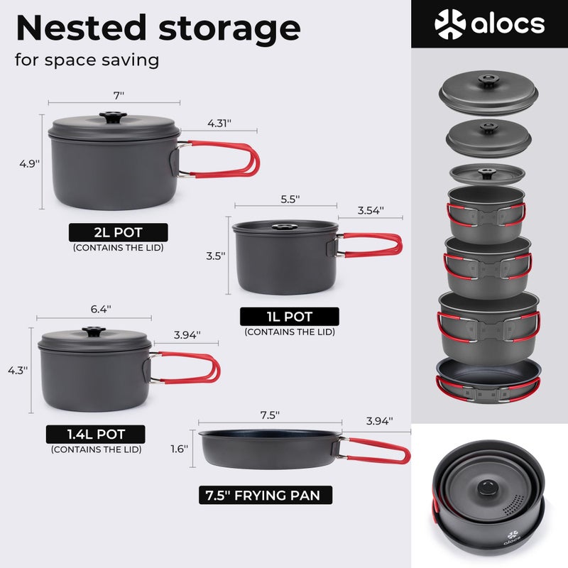 ALOCS أدوات الطهي للتخييم من ألوك، مجموعة طهي من الألمنيوم، أدوات مطبخ التخييم، مجموعة أواني ومقالي محمولة، مجموعة أساسية للطهي في الهواء الطلق والنزهات - Image 4