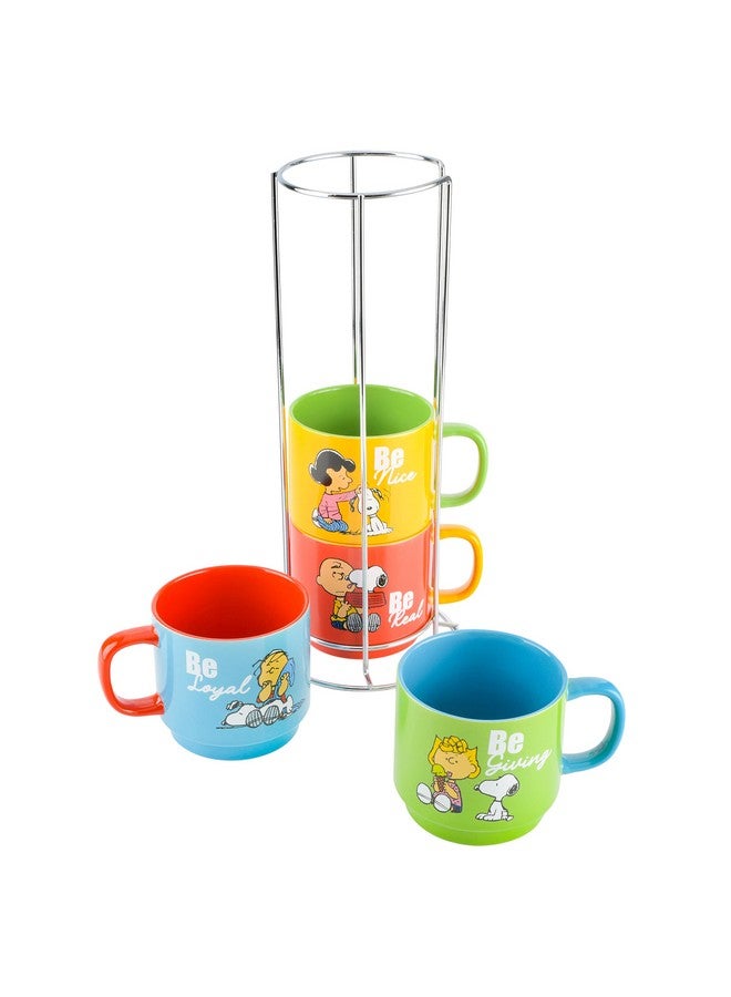 Peanuts أكواب قابلة للتكديس سعة 15 أونصة مع رف معدني من سنوبي الفول السوداني، خزف، مجموعة من 4، ألوان متنوعة - Image 2