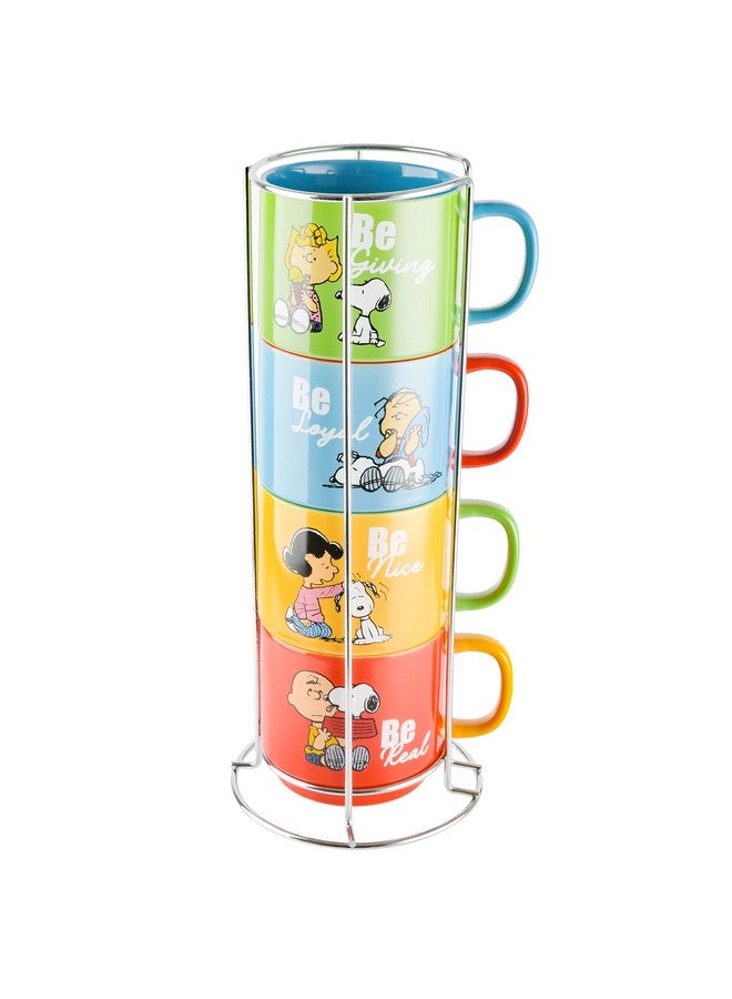 Peanuts أكواب قابلة للتكديس سعة 15 أونصة مع رف معدني من سنوبي الفول السوداني، خزف، مجموعة من 4، ألوان متنوعة - Image 1