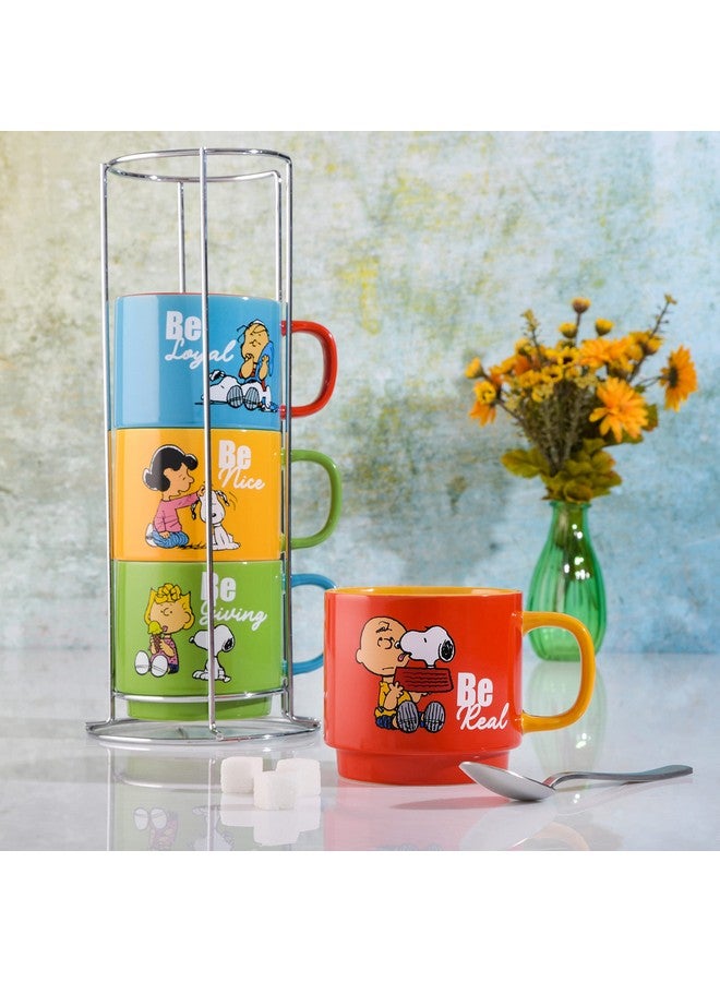 Peanuts أكواب قابلة للتكديس سعة 15 أونصة مع رف معدني من سنوبي الفول السوداني، خزف، مجموعة من 4، ألوان متنوعة - Image 5