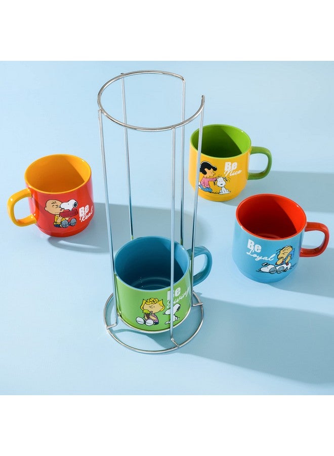 Peanuts أكواب قابلة للتكديس سعة 15 أونصة مع رف معدني من سنوبي الفول السوداني، خزف، مجموعة من 4، ألوان متنوعة - Image 4