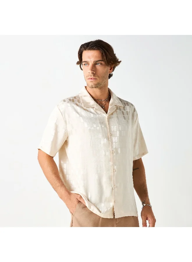 Iconic Iconic All-Over Textured Camp Collar Shirt with Short Sleeves