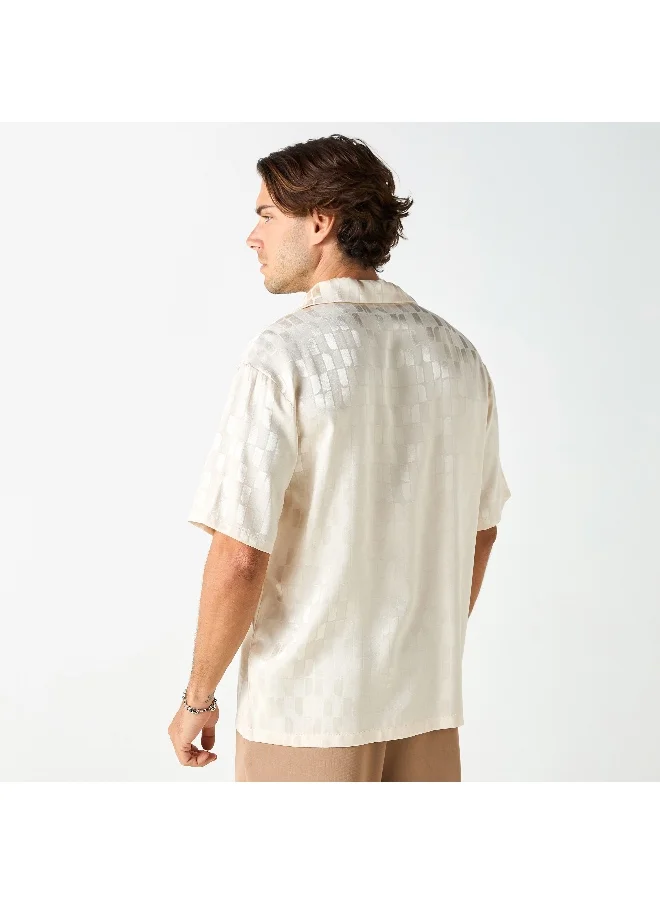 Iconic Iconic All-Over Textured Camp Collar Shirt with Short Sleeves