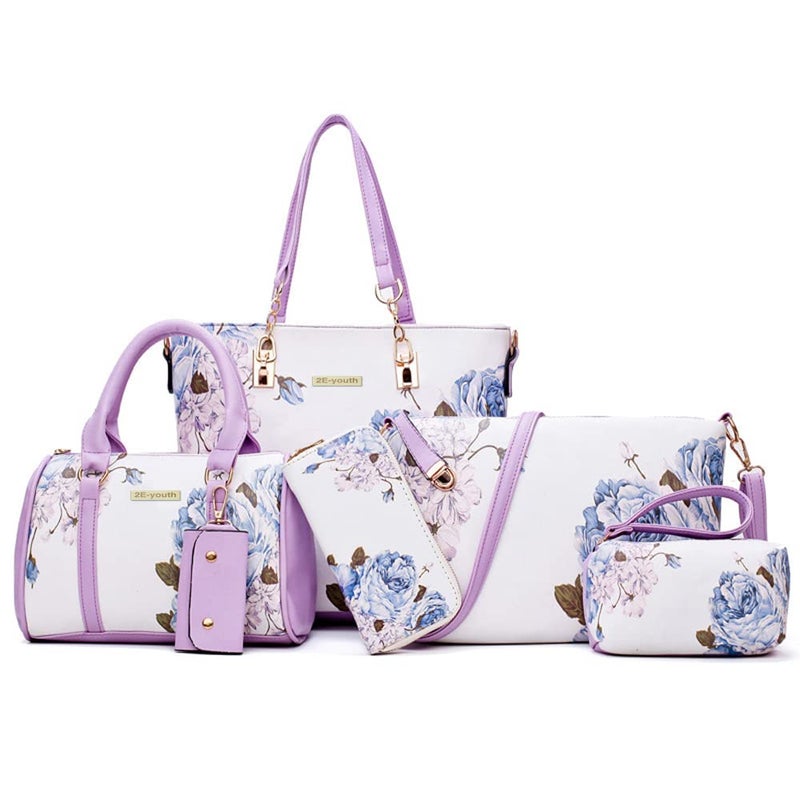 2E-youth Women Designer Purses And Handbags Set Satchel Shoulder Bags Tote Bags 6pcs Wallets (purple&white) - Image 1
