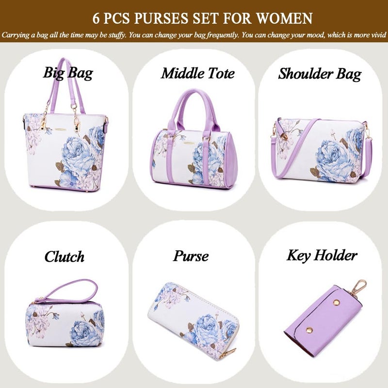 2E-youth Women Designer Purses And Handbags Set Satchel Shoulder Bags Tote Bags 6pcs Wallets (purple&white) - Image 4