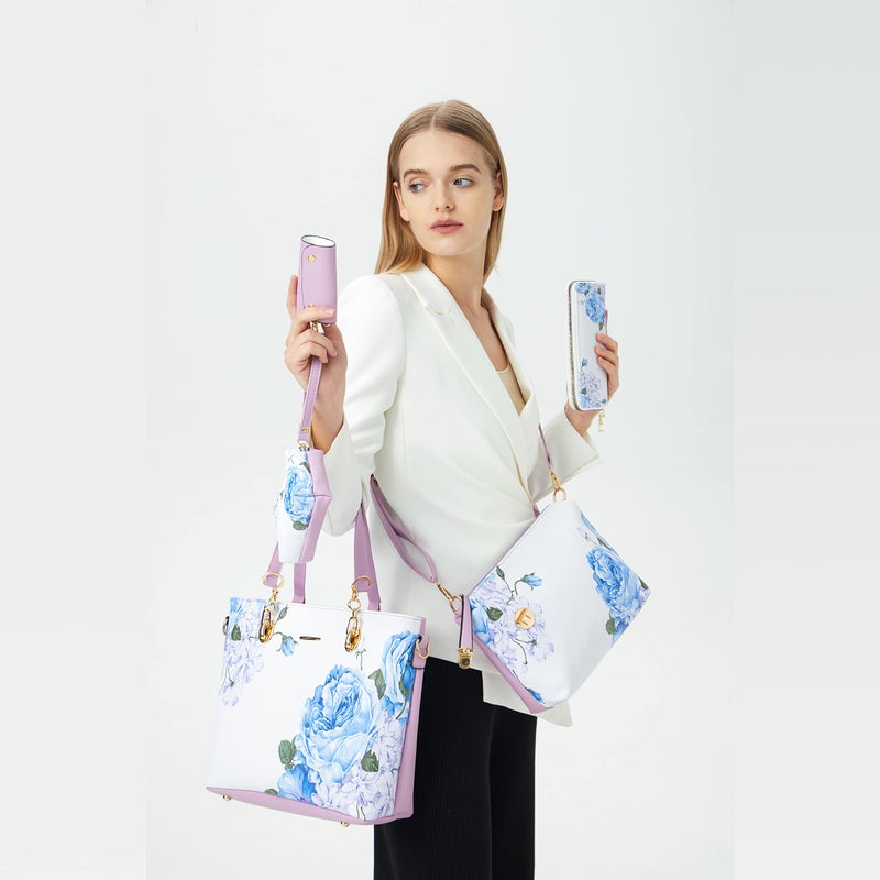 2E-youth Women Designer Purses And Handbags Set Satchel Shoulder Bags Tote Bags 6pcs Wallets (purple&white) - Image 2
