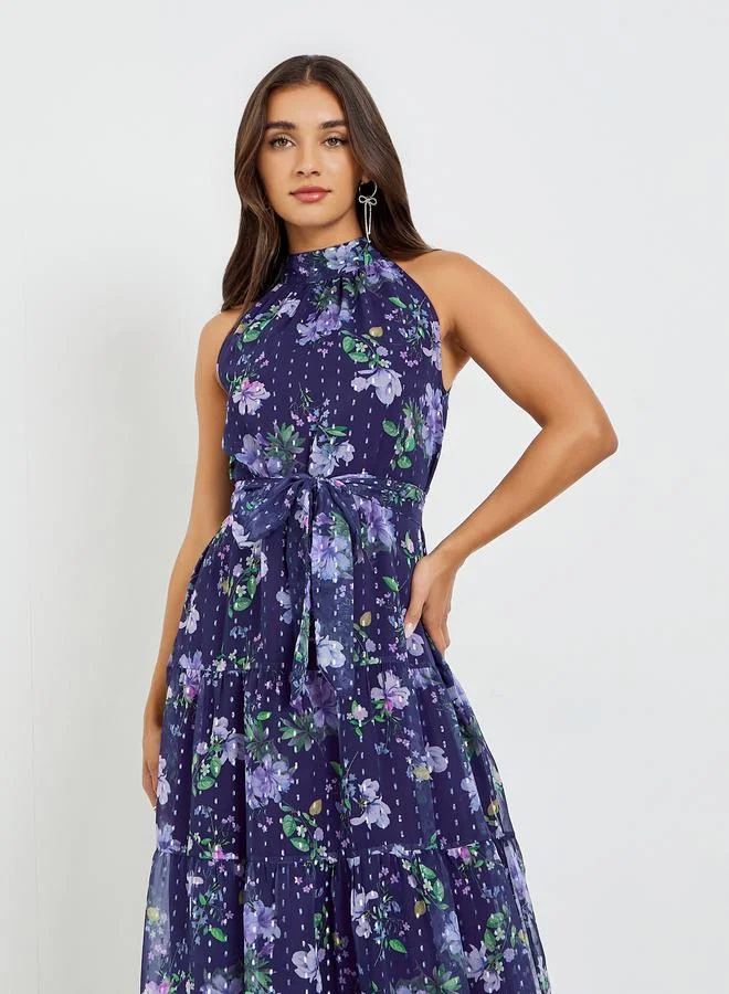 Styli Purple Floral Maxi Dress with Tie-Belt