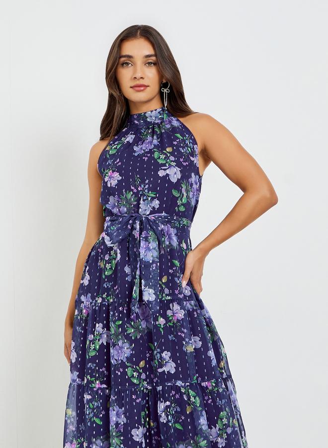 ستايلي فستان طويل مع حزام ربط وطبعة زهور - Image 2