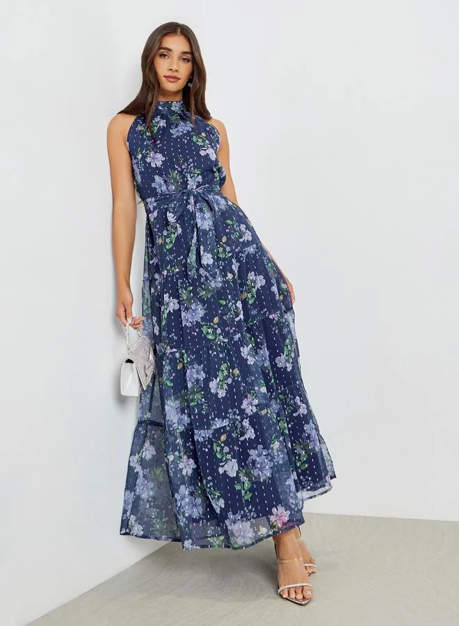 Purple Floral Maxi Dress with Tie-Belt