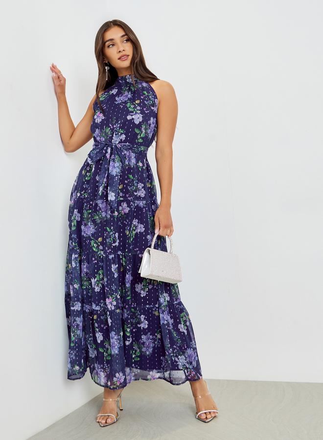ستايلي فستان طويل مع حزام ربط وطبعة زهور - Image 3