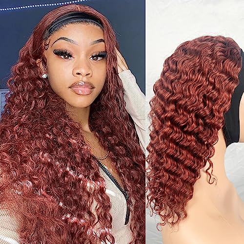XSY Headband Wig Human Hair Red Reddish Brown 16 Inch Deep Wave Human Hair Wigs for Black Women Curly Headband Wigs Glueless Machine Made Wigs 150% Density - Image 2