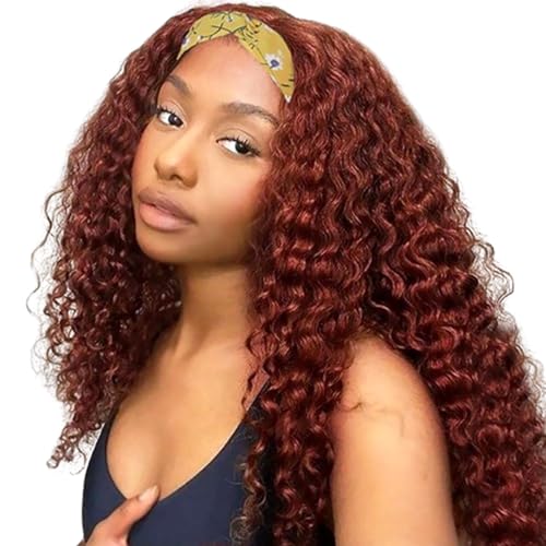 XSY Headband Wig Human Hair Red Reddish Brown 16 Inch Deep Wave Human Hair Wigs for Black Women Curly Headband Wigs Glueless Machine Made Wigs 150% Density - Image 1