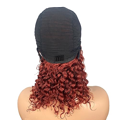 XSY Headband Wig Human Hair Red Reddish Brown 16 Inch Deep Wave Human Hair Wigs for Black Women Curly Headband Wigs Glueless Machine Made Wigs 150% Density - Image 5