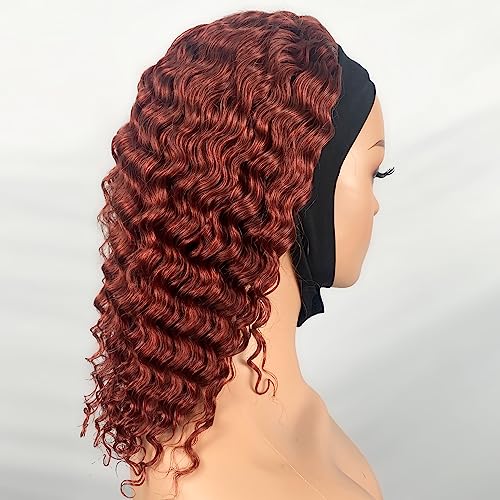 XSY Headband Wig Human Hair Red Reddish Brown 16 Inch Deep Wave Human Hair Wigs for Black Women Curly Headband Wigs Glueless Machine Made Wigs 150% Density - Image 4