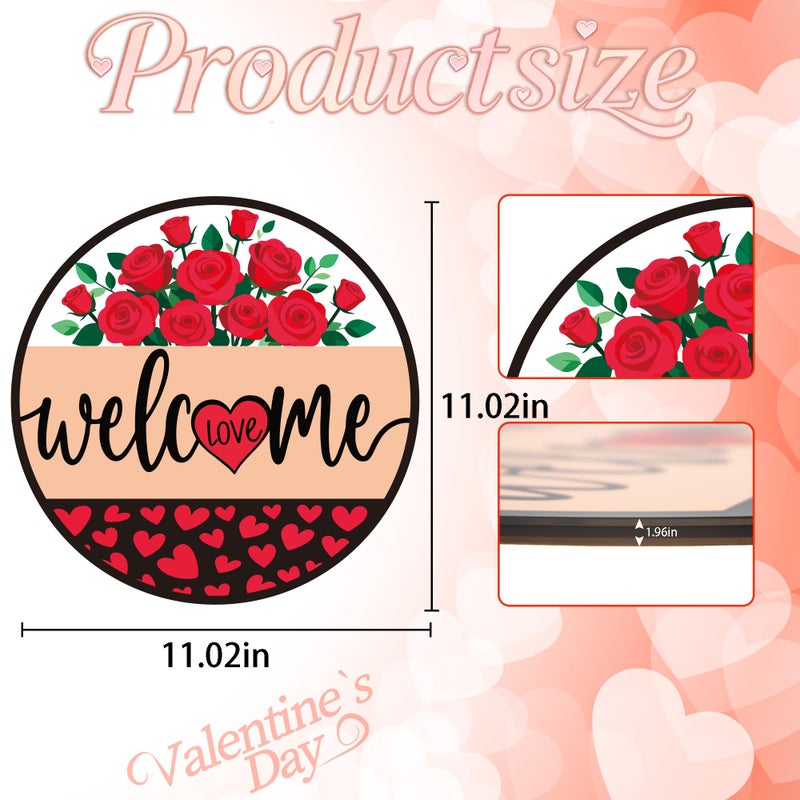 OHOME Valentines Day Decorations - Wreath Welcome Sign for Front Door | Rustic Round Wood Wreaths,Heart Rose Garland Outdoor Indoor - Valentines Decor Party Favors Supplies for Door Wall Room Porch Kitchen - Image 2