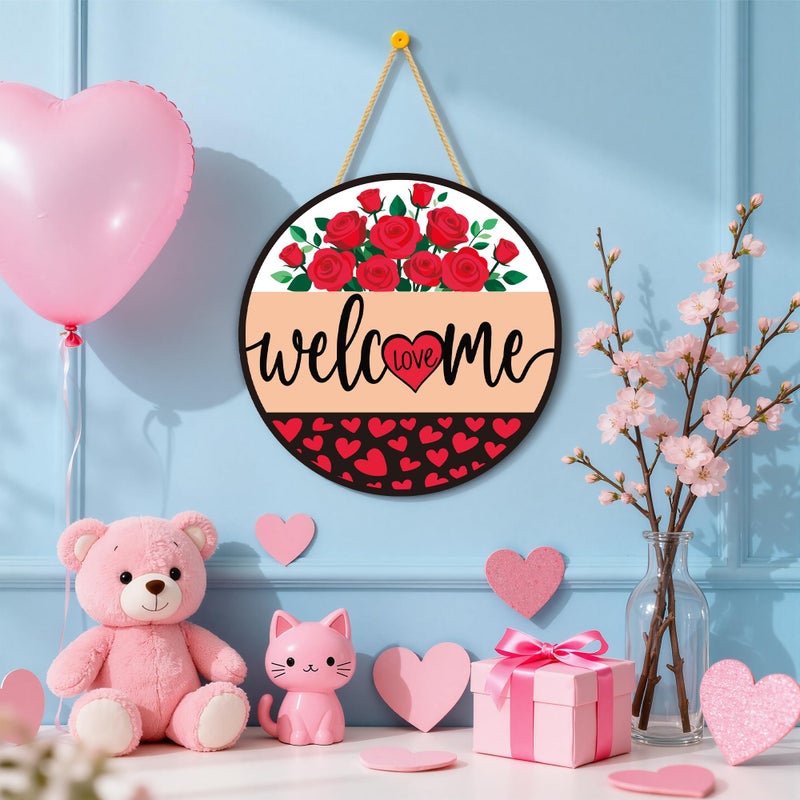 OHOME Valentines Day Decorations - Wreath Welcome Sign for Front Door | Rustic Round Wood Wreaths,Heart Rose Garland Outdoor Indoor - Valentines Decor Party Favors Supplies for Door Wall Room Porch Kitchen - Image 5