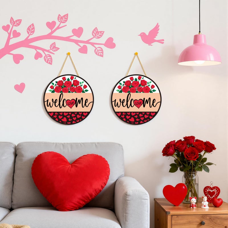 OHOME Valentines Day Decorations - Wreath Welcome Sign for Front Door | Rustic Round Wood Wreaths,Heart Rose Garland Outdoor Indoor - Valentines Decor Party Favors Supplies for Door Wall Room Porch Kitchen - Image 3