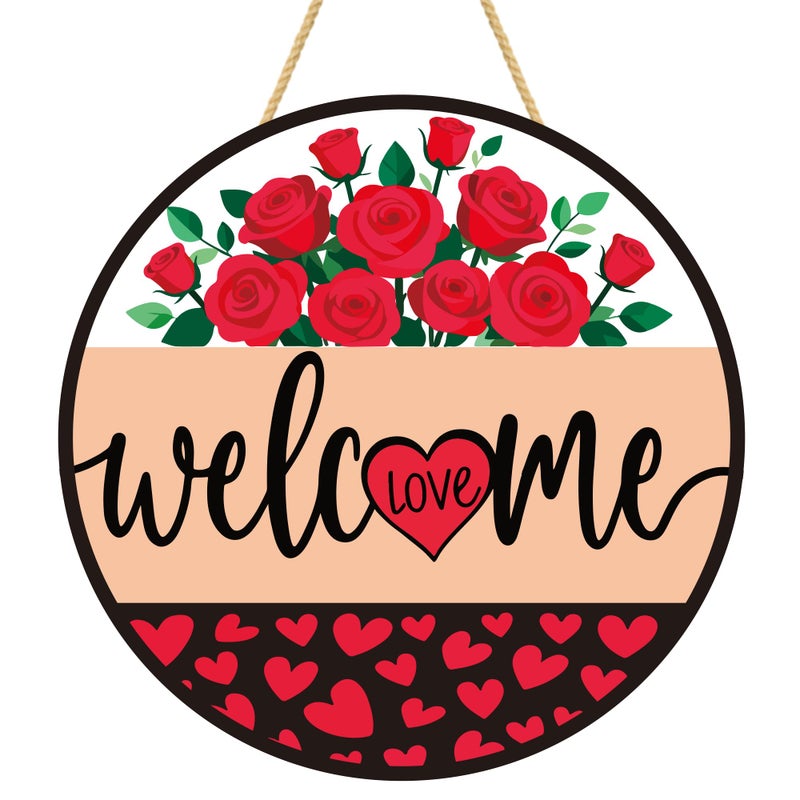 OHOME Valentines Day Decorations - Wreath Welcome Sign for Front Door | Rustic Round Wood Wreaths,Heart Rose Garland Outdoor Indoor - Valentines Decor Party Favors Supplies for Door Wall Room Porch Kitchen - Image 1