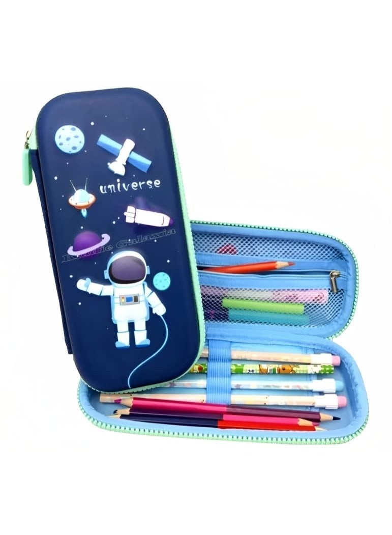 Kiddie Galaxia Space Astronaut Theme Pencil Case Large Capacity Pencil Pouch Compass 3D Cover Eva School Pouch Organizer Students Kids Premium Stylish Pen Holder Pouch Stationery Box Canvas Blue - Image 2