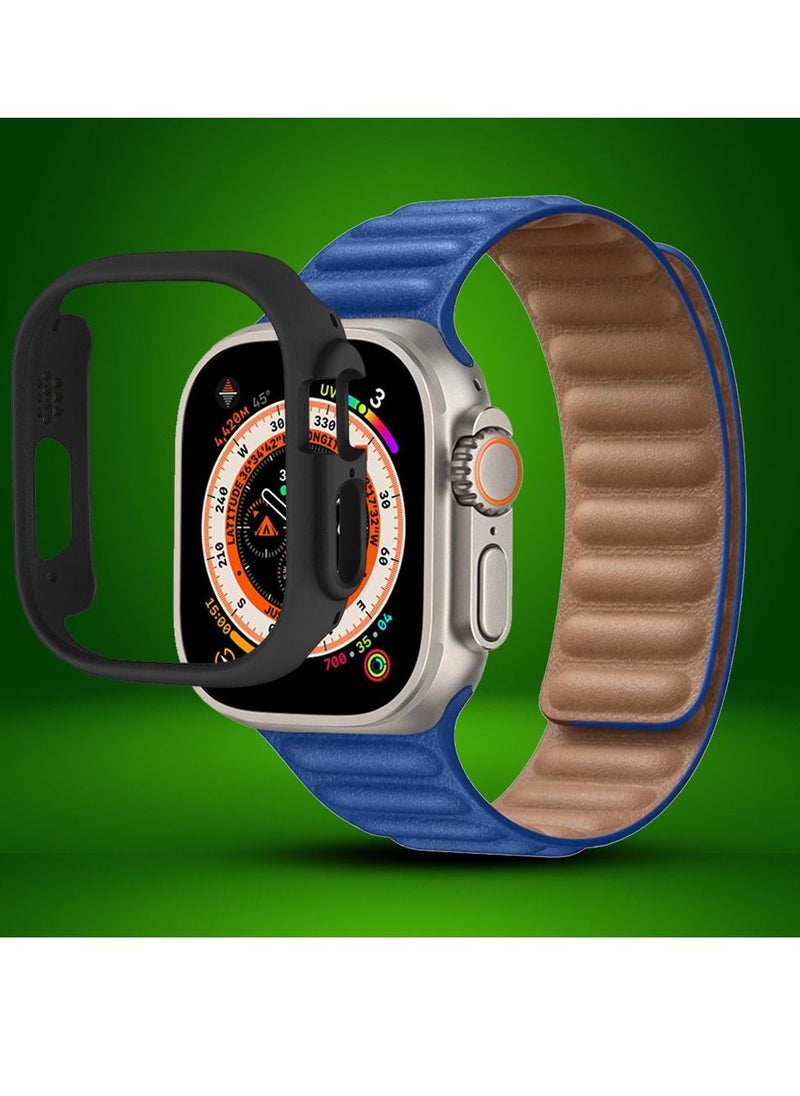 CATANES - 2 Packs For Apple Watch Band 49mm Leather Link Strap Magnetic Loop Bracelet and Black Cup Holder Blue - Image 1