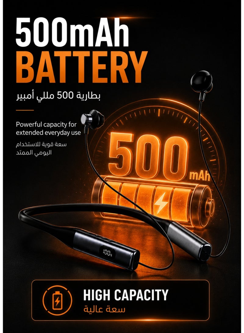صوت واضح سماعات أذن لاسلكية تُعلق حول الرقبة مع شاشة رقمية، بلوتوث ٥.٤، ستيريو، ميكروفون عالي الدقة، بطارية تدوم طوال اليوم، أطراف أذن مغناطيسية، تحكم ذكي، ومقاومة للعرق بمعيار آي بي إكس٤ - Image 4