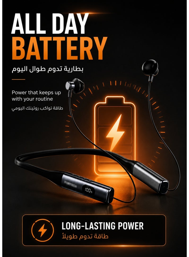 صوت واضح سماعات أذن لاسلكية تُعلق حول الرقبة مع شاشة رقمية، بلوتوث ٥.٤، ستيريو، ميكروفون عالي الدقة، بطارية تدوم طوال اليوم، أطراف أذن مغناطيسية، تحكم ذكي، ومقاومة للعرق بمعيار آي بي إكس٤ - Image 3