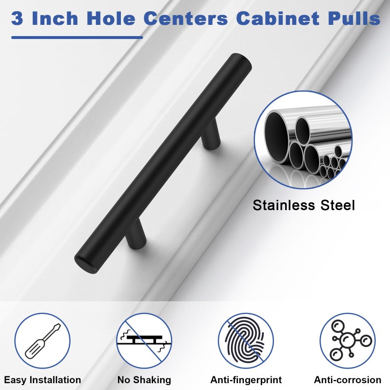 Estmoon 45 Pack 3 Inch Cabinet Pulls Matte Black Cabinet Handles Drawer Pulls Stainless Steel Black Drawer Handles Kitchen Cabinet Hardware Handles for Cabinets and Drawers - 5" Overall Length - Image 2