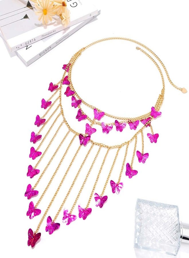 Fstrend Tassel Waist Chains Butterfly Belly Body Chain Sequin Dance Skirt Fringe Rave Nightclub Jewelry Accessories for Women (Gold round sequin) (B-Purplish red butterfly) - Image 2
