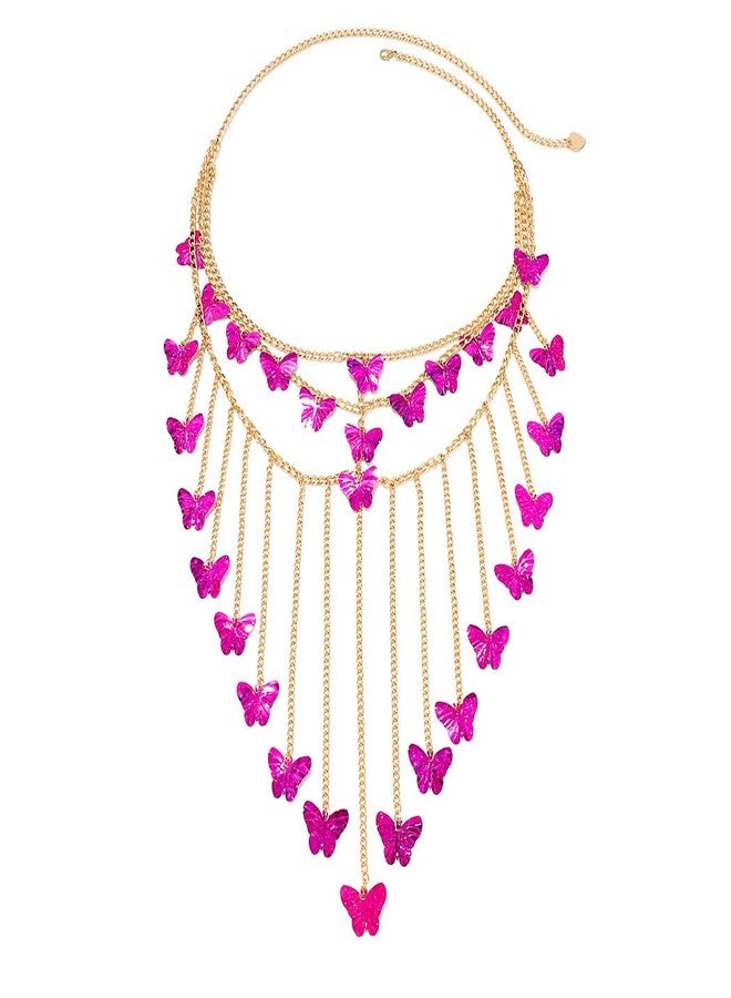 Fstrend Tassel Waist Chains Butterfly Belly Body Chain Sequin Dance Skirt Fringe Rave Nightclub Jewelry Accessories for Women (Gold round sequin) (B-Purplish red butterfly) - Image 1