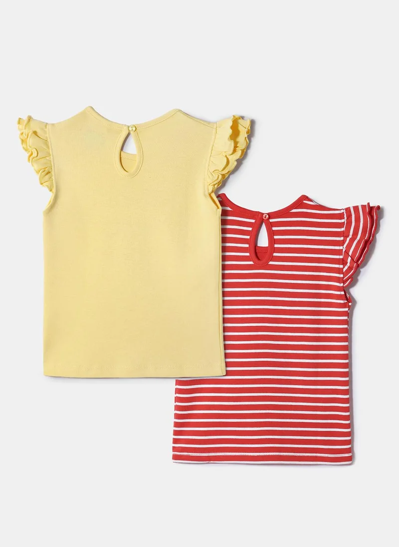 Nautinati Nautinati Pack of 2 Yellow and Red Printed and Striped Tops for Girls