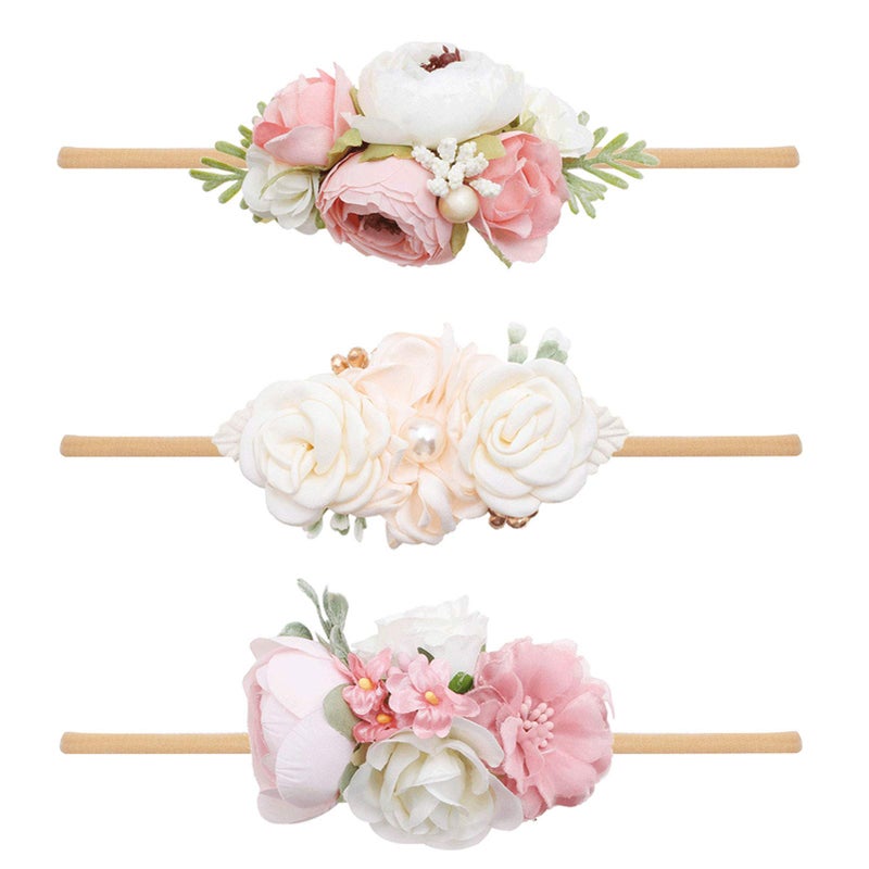mligril Baby Girl Nylon Headbands Flower Hair Bows AccessoriesElastic Hair Band Crown Handmade FLoral Wraps Birthday Gifts for Girls Newborn Infant Toddler 3Pcs