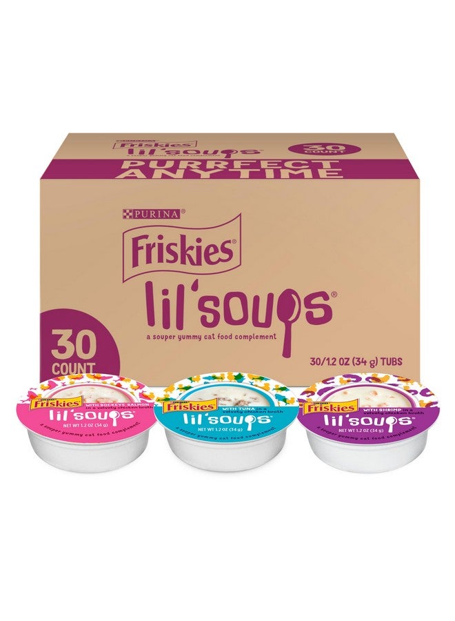 فريسكس طعام قطط رطب خالي من الحبوب من بورينا فريسكيز، مكافآت قابلة لللعق، عبوة متنوعة، حساء صغير مع سمك السلمون أو التونة أو الروبيان - (عبوة من 30 قطعة) أكواب سعة 1.2 أونصة - Image 1