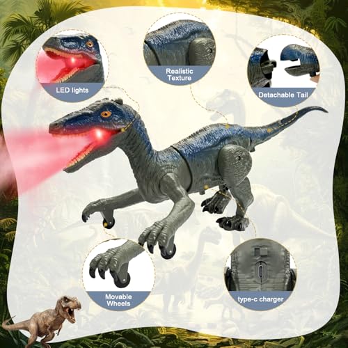 TALGIC Remote Control Velociraptor Dinosaur Toy with Spraying Roaring Swaying Head Wagging Tail Remote Control Dinosaur Interactive Robot Raptor Toy for Kids - Image 5