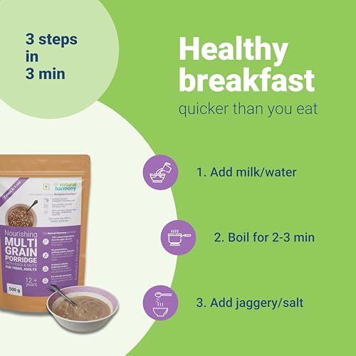 Natural Harmony Multigrain Porridge for Adults & Teens | Soothing Elaichi | 500g | Healthy Breakfast Cereal with Millets & Nuts | Zero Sugar | High Fibre | Sattu Powder | Sathu Maavu | Ragi Malt - Image 3