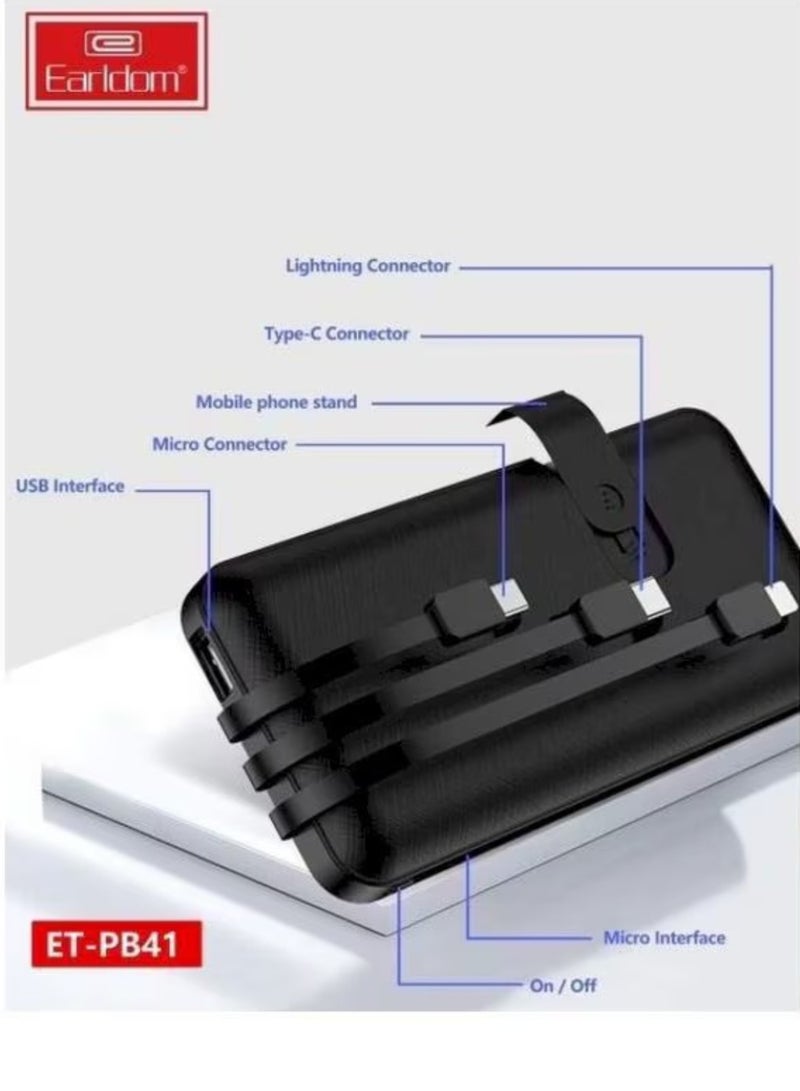 Earldom 10000.0 mAh Power Bank with 3 Wire In-Built Charging Cable And LCD Display Black - Image 3