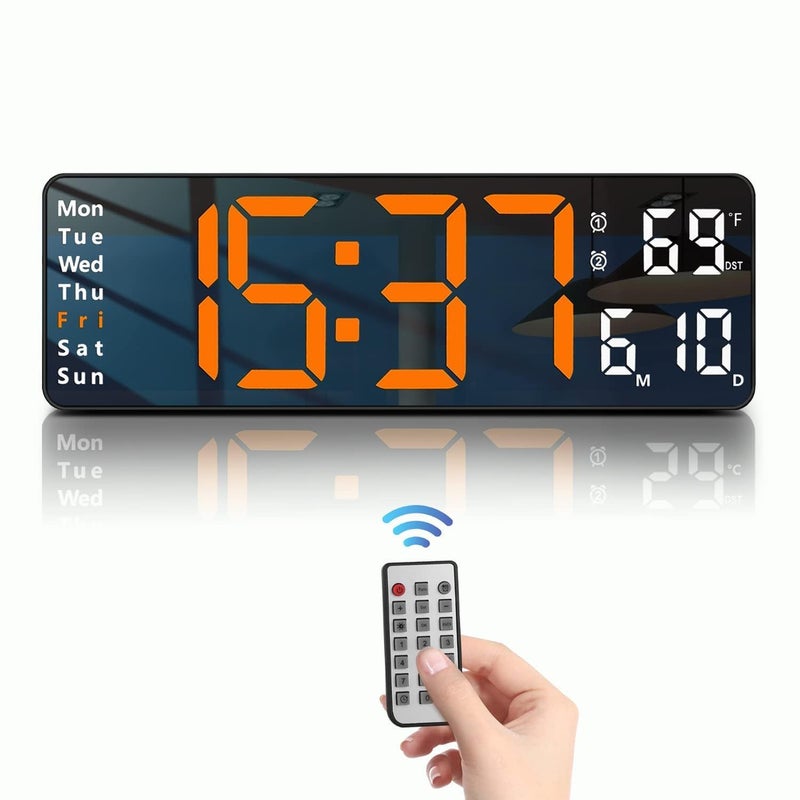 Gladnes Large Digital Wall Clock with Remote Control AutoDimming Night Light LED Display Date Temperature Timer Orange White - Image 1