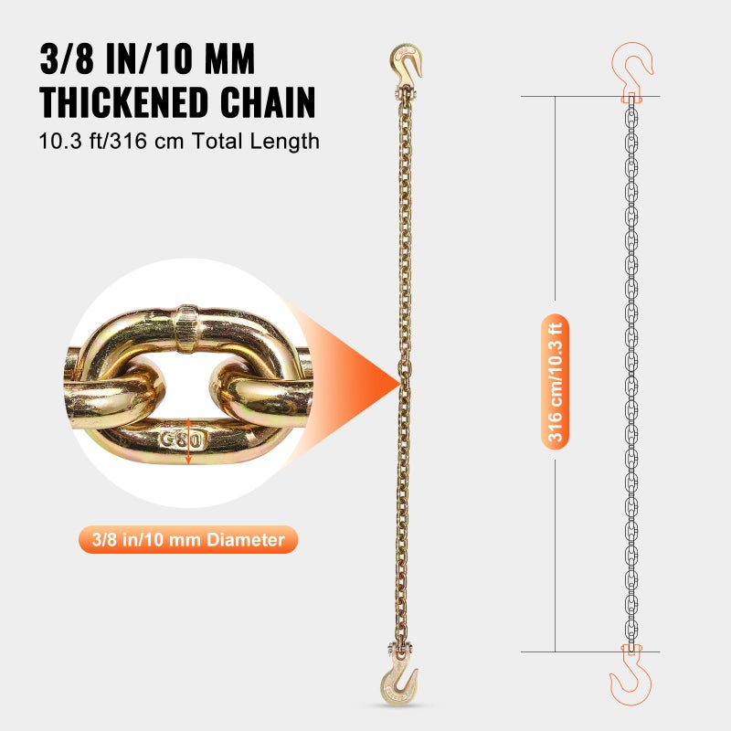 VEVOR G80 Transport Binder Chain, 3/8" x 2.9' 2-Pack Tow Chain with Clevis Snap Hook, 7100 lbs Safe Working Load, Heavy Duty Logging Chain for Transporting Towing Truck Tie Down Binding Equipment - Image 4