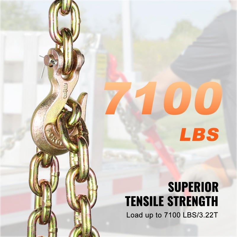 VEVOR G80 Transport Binder Chain, 3/8" x 2.9' 2-Pack Tow Chain with Clevis Snap Hook, 7100 lbs Safe Working Load, Heavy Duty Logging Chain for Transporting Towing Truck Tie Down Binding Equipment - Image 5
