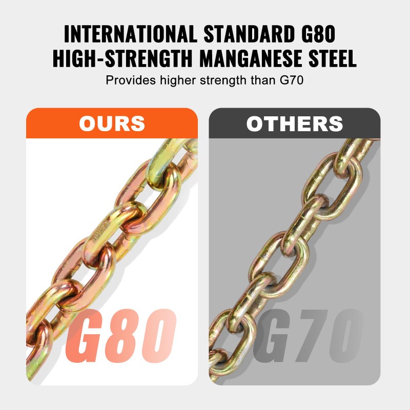 VEVOR G80 Transport Binder Chain, 3/8" x 2.9' 2-Pack Tow Chain with Clevis Snap Hook, 7100 lbs Safe Working Load, Heavy Duty Logging Chain for Transporting Towing Truck Tie Down Binding Equipment - Image 3