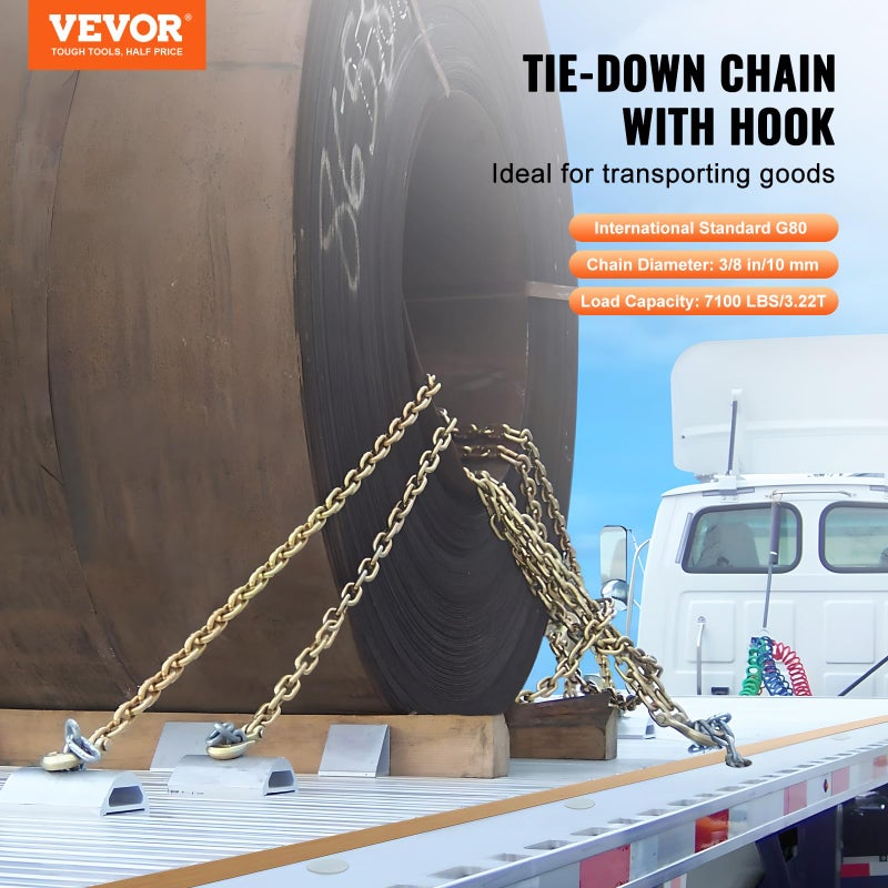 VEVOR G80 Transport Binder Chain, 3/8" x 2.9' 2-Pack Tow Chain with Clevis Snap Hook, 7100 lbs Safe Working Load, Heavy Duty Logging Chain for Transporting Towing Truck Tie Down Binding Equipment - Image 2