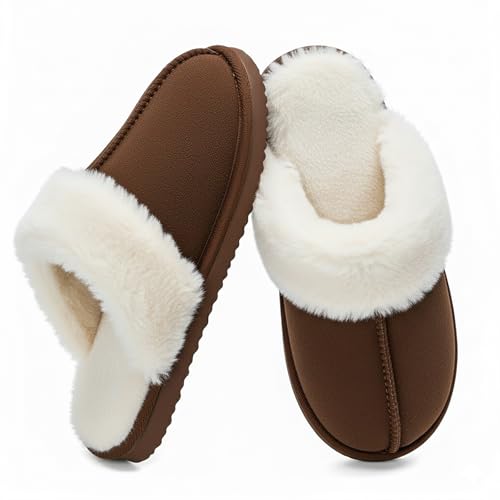 OOW Fuzzy Slippers for Women Cozy Faux Fur House Shoes Winter Warm Memory Foam Slippers for Indoor and Outdoor Coffee Size 8 - Image 1