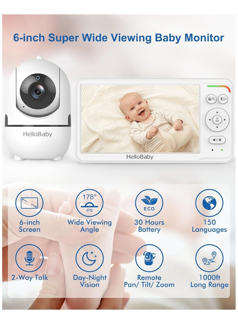 هالو بيبي جهاز مراقبة الأطفال مع الكاميرا والصوت، شاشة IPS مقاس 6 بوصات، بدون واي فاي، بطارية تدوم 30 ساعة، وضع ECO، محادثة ثنائية الاتجاه، رؤية ليلية، 1000 قدم - Image 4