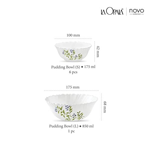 La Opala Novo Collection Opal Glass Crockery | Gift Set of 7 | Pudding Set 7 pcs Lush Greens | Bowls for Desserts & Gifting | Microwave Safe | 100% Vegetarian | Extra Strong | Light & White - Image 3
