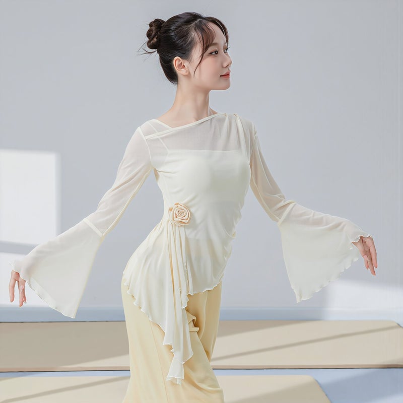 Dance Top for Women Soft Chiffon Flowy Floral Long Sleeve Practice Shirt M - Image 2