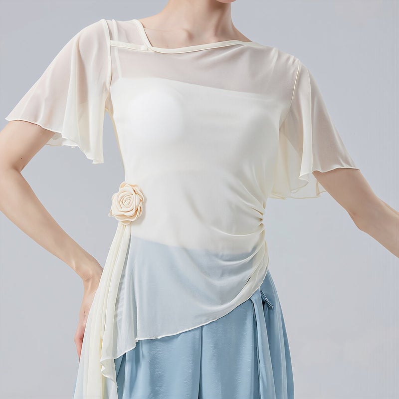 Dance Top for Women Soft Chiffon Flowy Floral Long Sleeve Practice Shirt M - Image 3