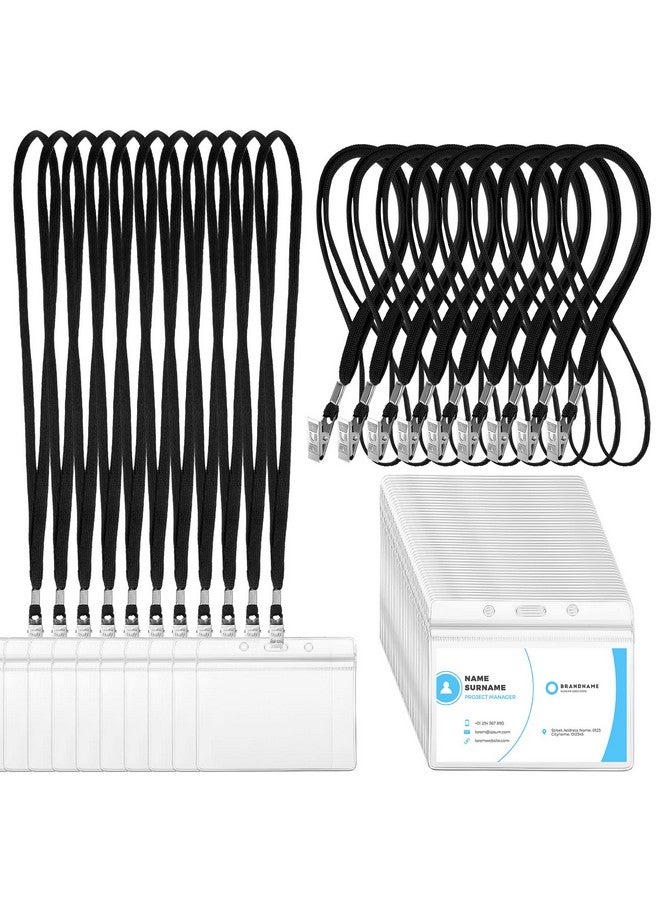 Marspark 100 مجموعة من بطاقات الأسماء الشفافة مع أربطة عنق لبطاقات الهوية، أربطة عنق قابلة لإعادة الاستخدام مع حامل هوية، شارات اسم بلاستيكية مع أربطة عنق للكبار والأطفال وكلية إدارة الأعمال والكنيسة والمؤتمرات (أسود) - Image 1